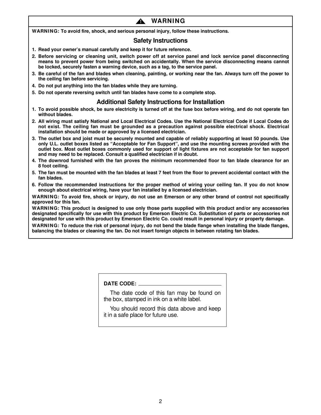 Emerson CF935OB00, CF935BC00, CF935WB00, CF935AB00, CF935HTW00, CF935PW00, CF935ORB00, CF935TG00 Safety Instructions, Date Code 