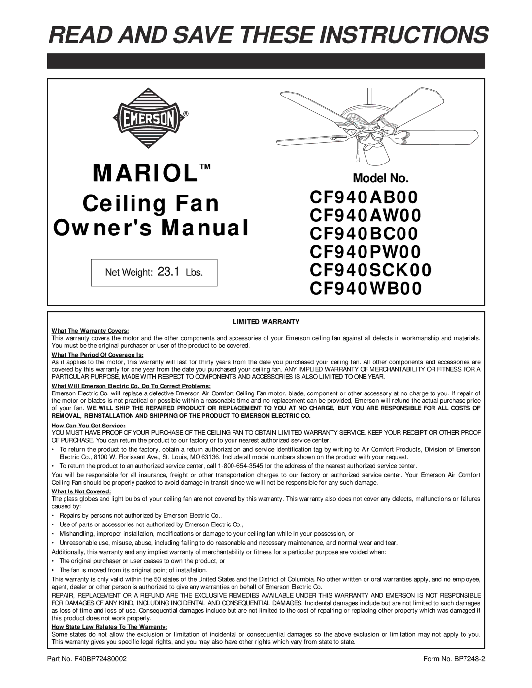 Emerson CF940BC00, CF940WB00, CF940AW00, CF940PW00, CF940AB00, CF940SCK00 warranty Mariol 