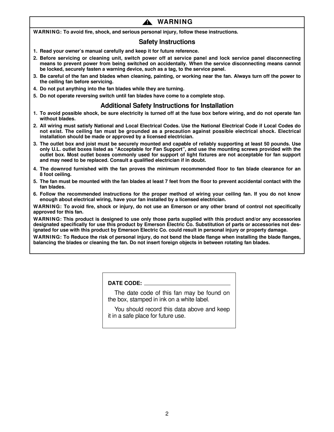 Emerson CF940AW00, CF940WB00, CF940BC00, CF940PW00, CF940AB00, CF940SCK00 warranty Safety Instructions, Date Code 