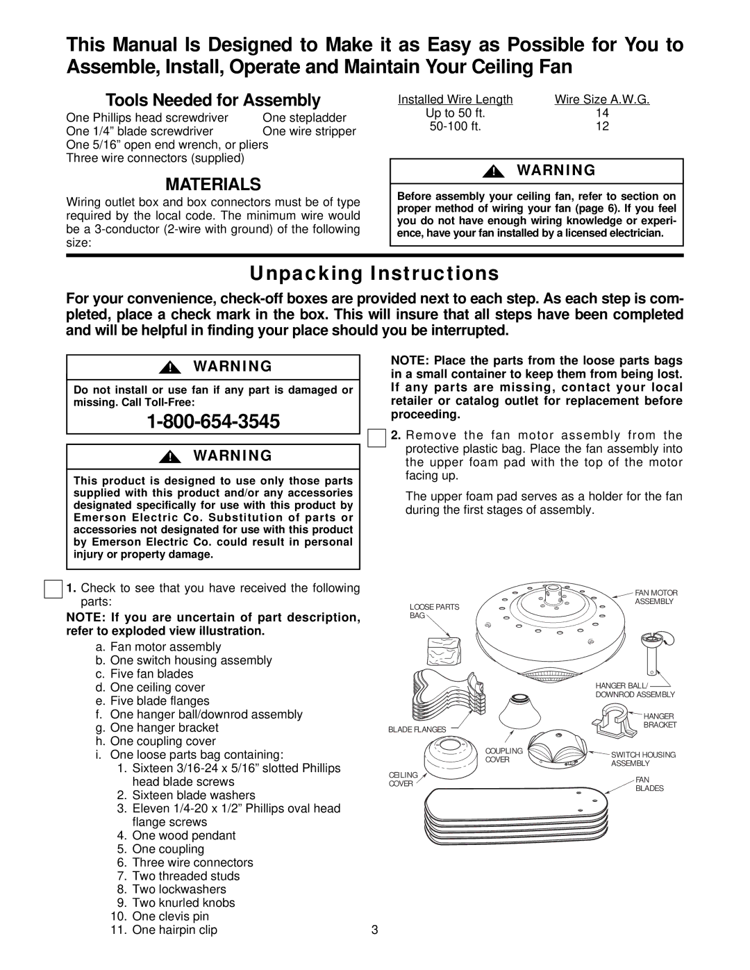 Emerson CF940PW00, CF940WB00, CF940BC00, CF940AW00, CF940AB00, CF940SCK00 warranty Unpacking Instructions, Up to 50 ft 50-100 ft 