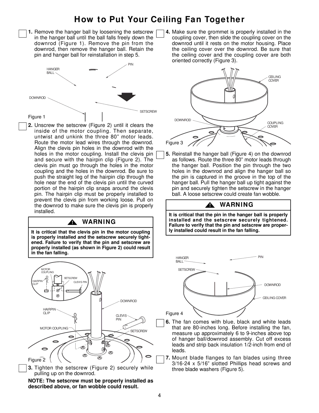 Emerson CF940AB00, CF940WB00, CF940BC00 How to Put Your Ceiling Fan Together, Fan comes with blue, black and white leads 