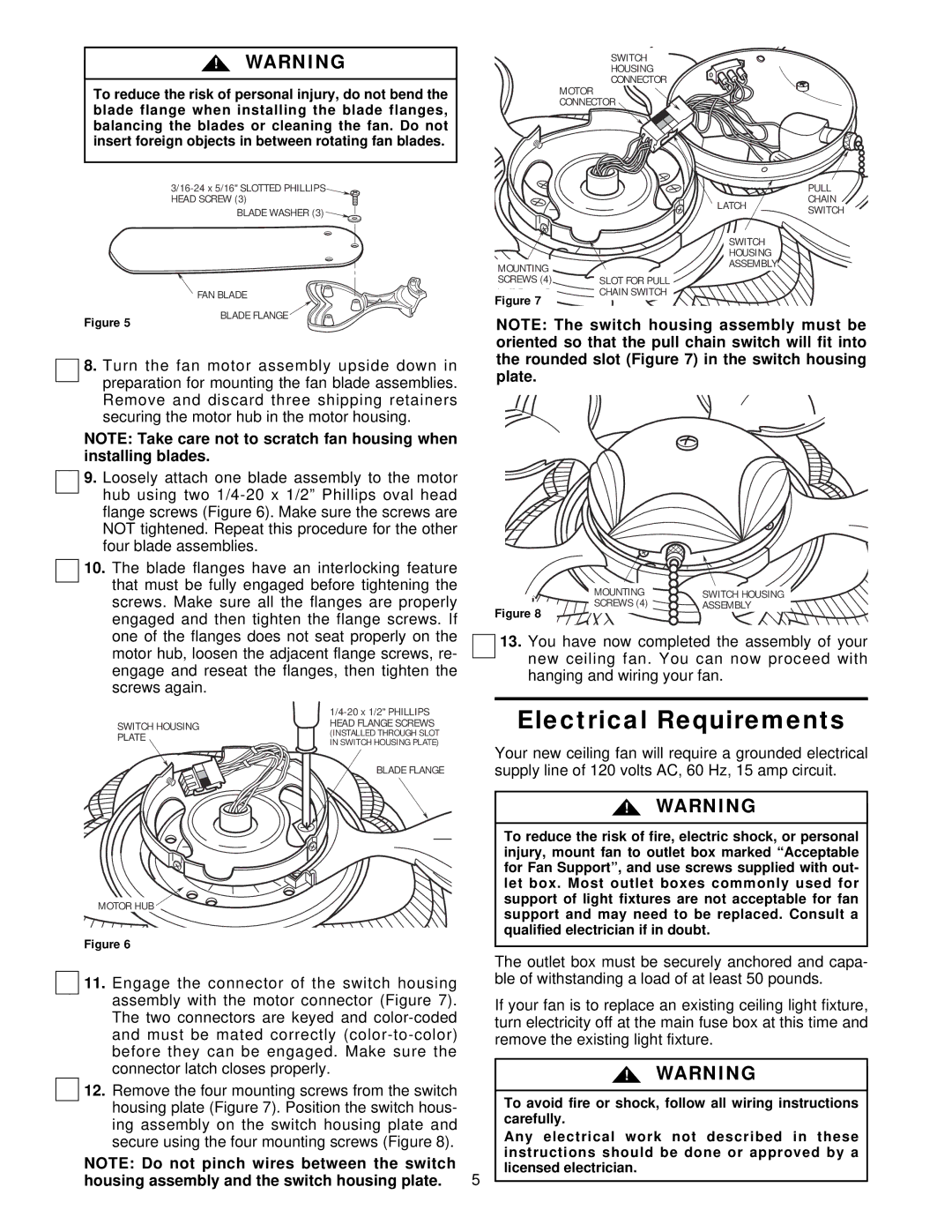 Emerson CF940SCK00, CF940WB00, CF940BC00, CF940AW00 Electrical Requirements, Housing assembly and the switch housing plate 