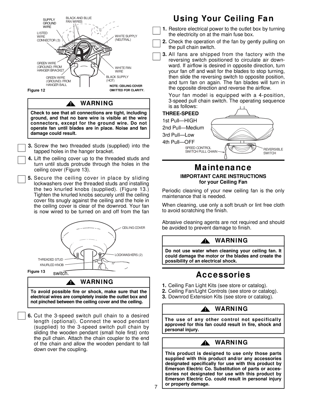 Emerson CF940BC00, CF940WB00 Using Your Ceiling Fan, Maintenance, Accessories, Three-Speed, Important Care Instructions 