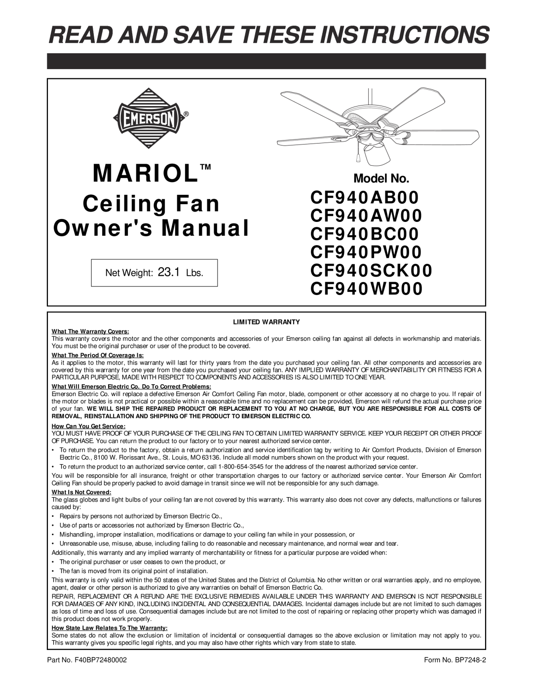 Emerson CF940BC00 warranty Model No, Mariol, Read And Save These Instructions, Ceiling Fan, CF940AB00, CF940AW00 