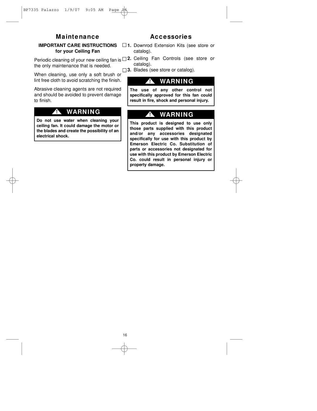 Emerson CF943 owner manual MaintenanceAccessories, For your Ceiling Fan 