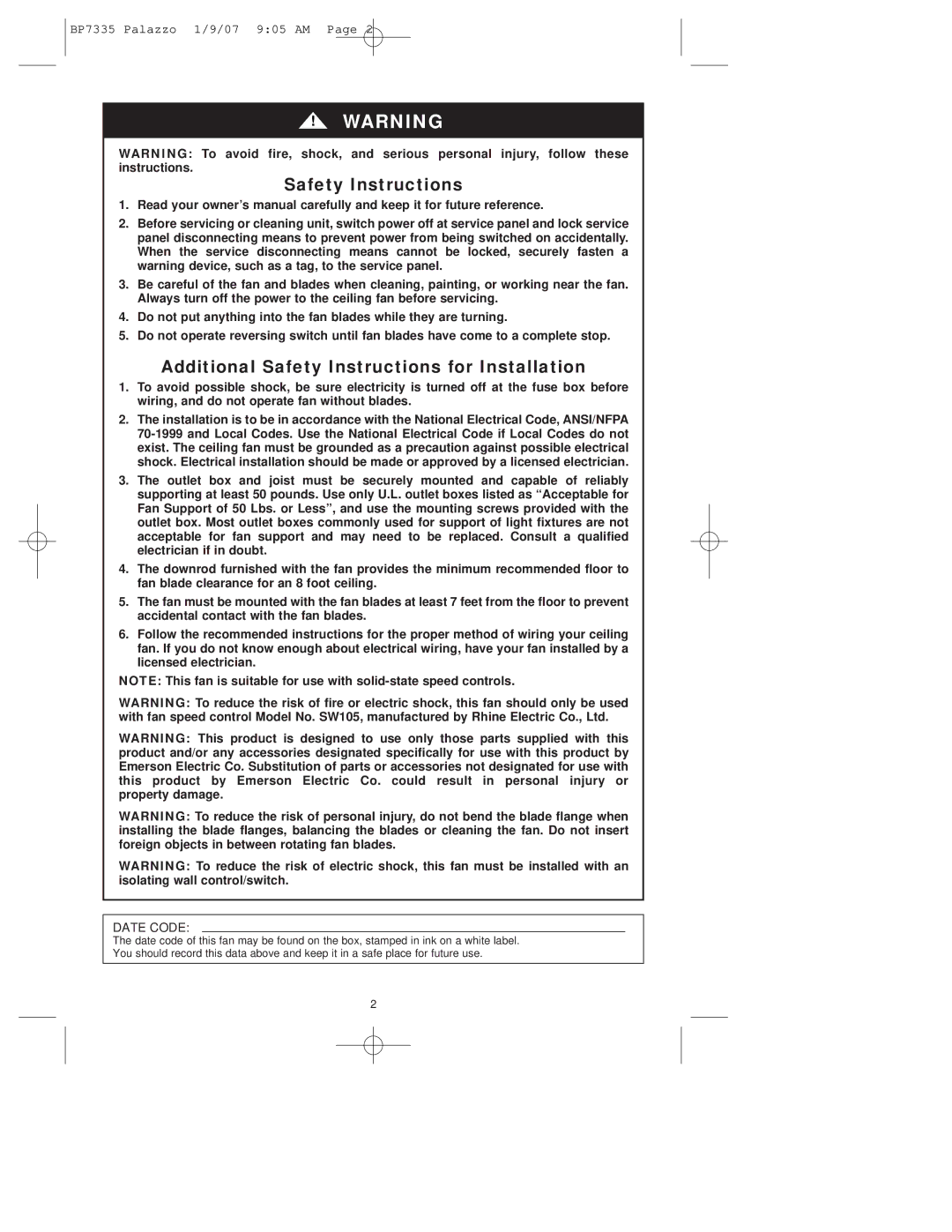 Emerson CF943 owner manual Additional Safety Instructions for Installation 