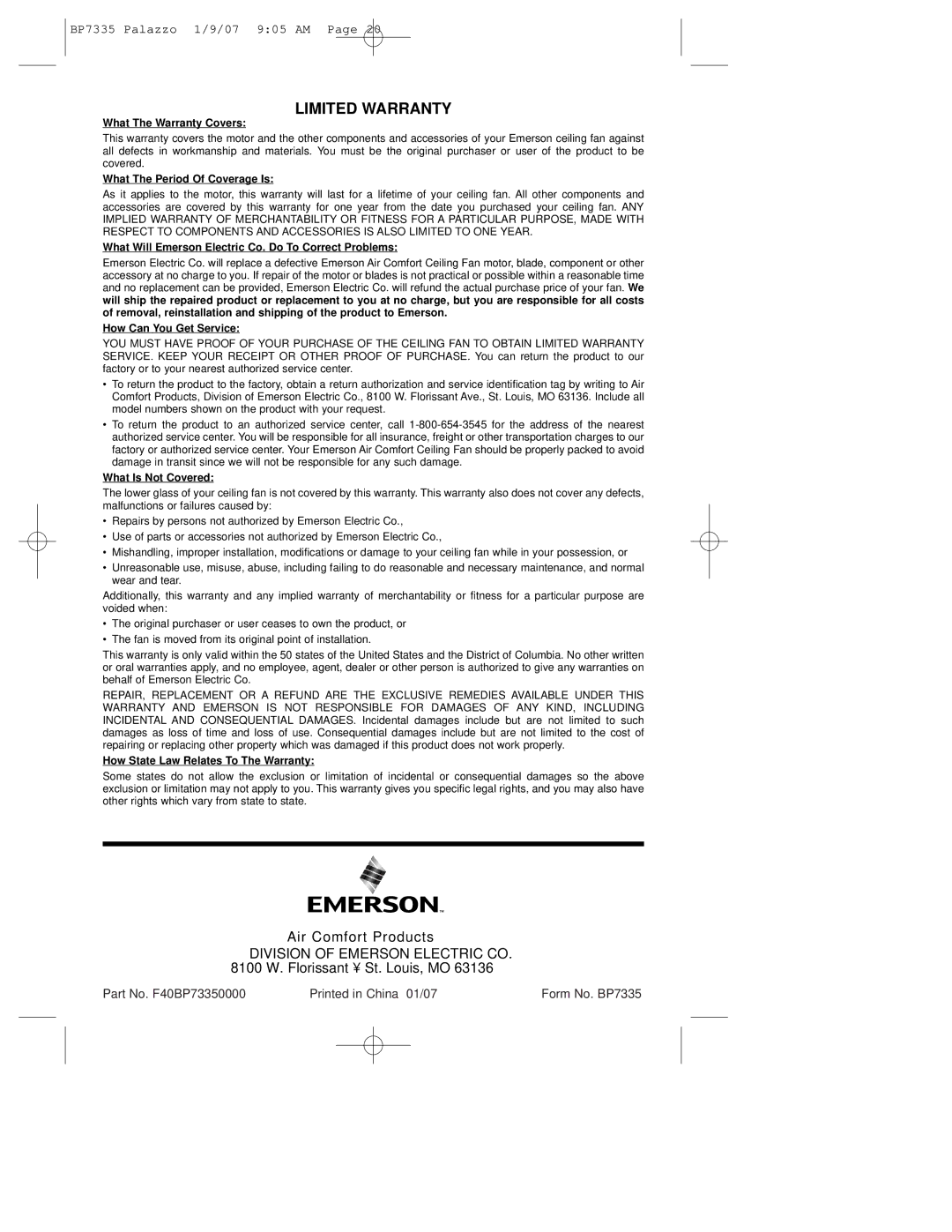 Emerson CF943 owner manual Limited Warranty 