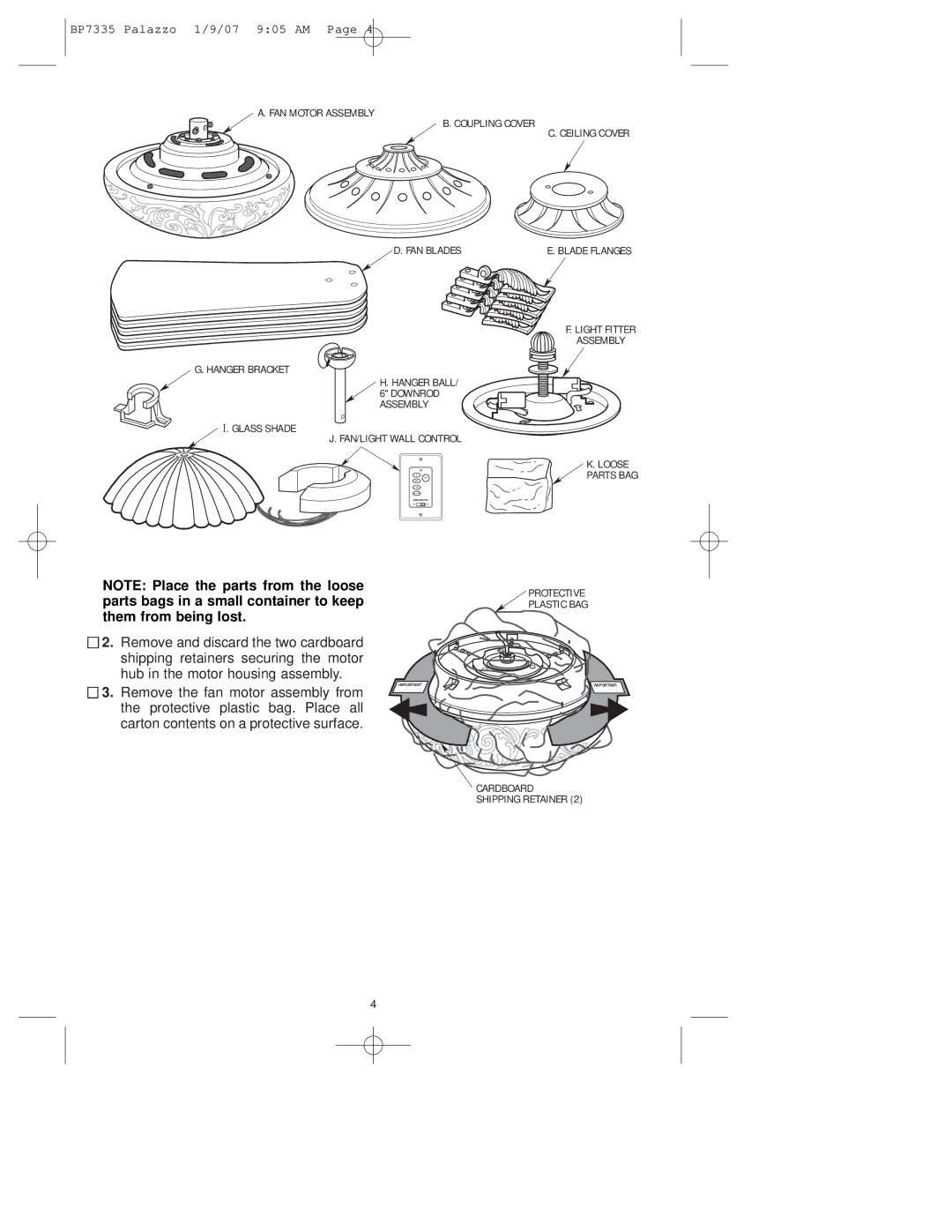 Emerson CF943 owner manual FAN Motor Assembly Coupling Cover Ceiling Cover FAN Blades 