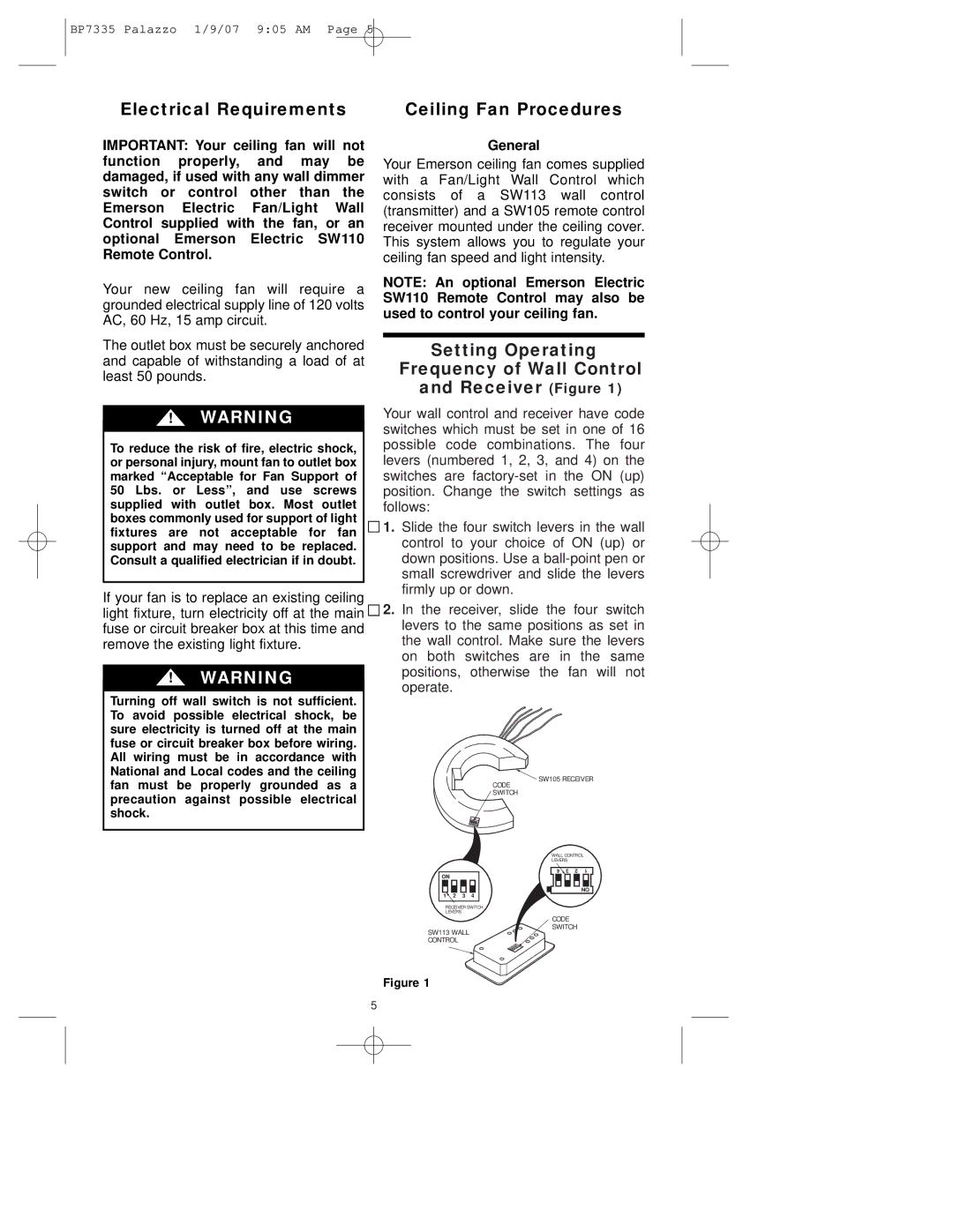 Emerson CF943 Electrical Requirements Ceiling Fan Procedures, Setting Operating Frequency of Wall Control Receiver Figure 