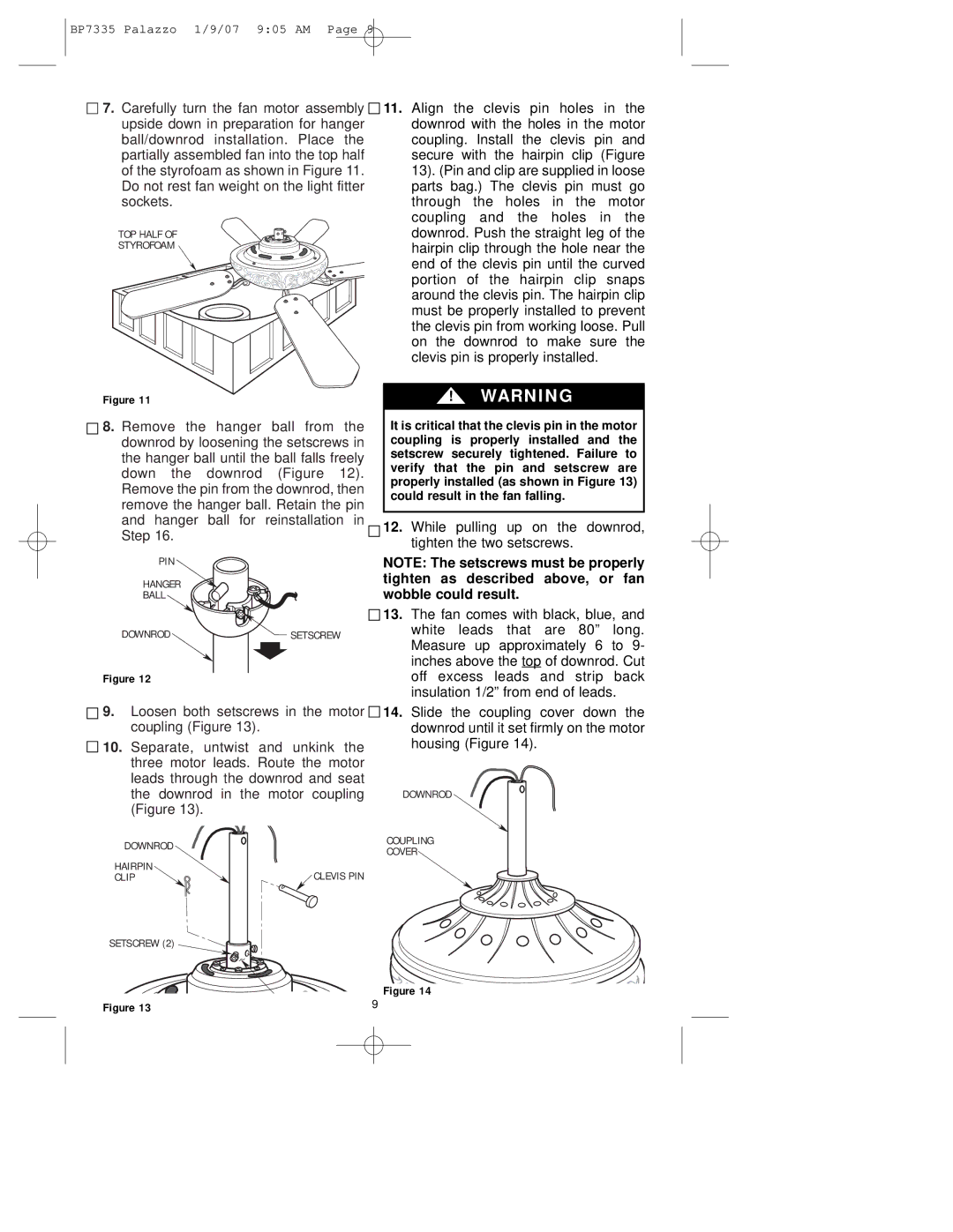 Emerson CF943 owner manual Tighten as described above, or fan, Wobble could result 