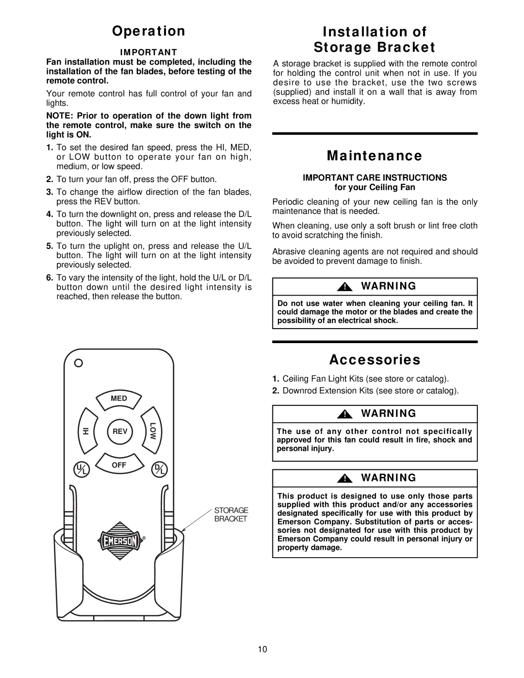 Emerson CF945HTW, CF945WB, CF945PW, CF945AB owner manual Operation, Installation Storage Bracket, Maintenance, Accessories 