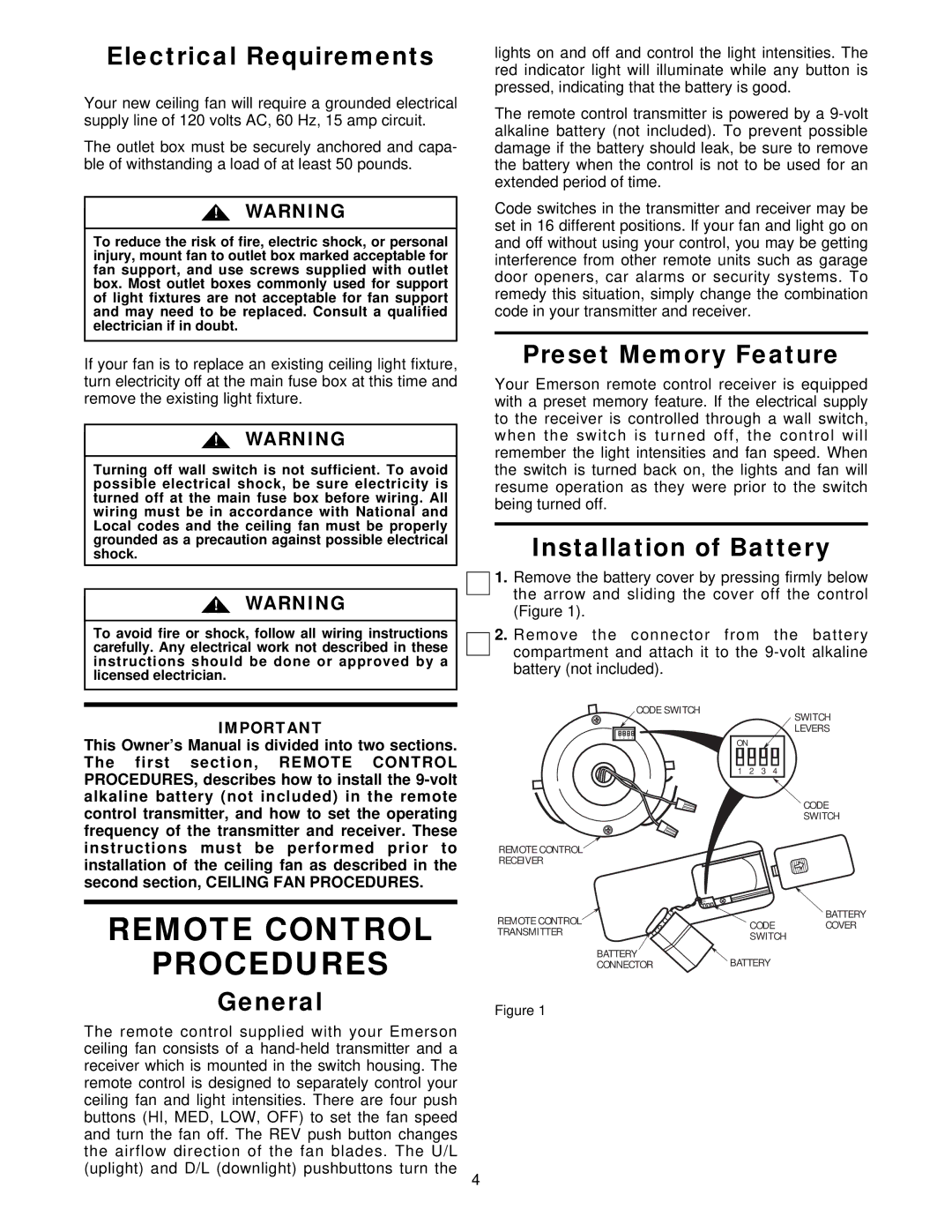 Emerson CF945WB, CF945PW, CF945HTW, CF945AB Electrical Requirements, Preset Memory Feature, Installation of Battery, General 