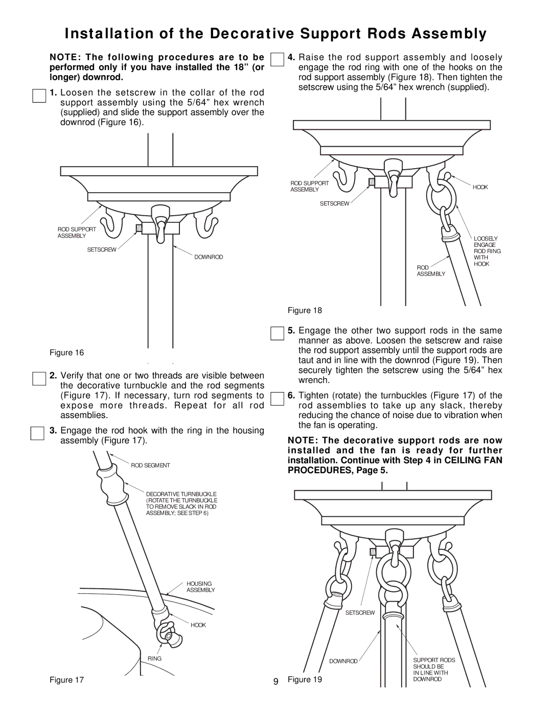 Emerson CF945PW, CF945WB Installation of the Decorative Support Rods Assembly, ROD Support Assembly Setscrew Downrod 