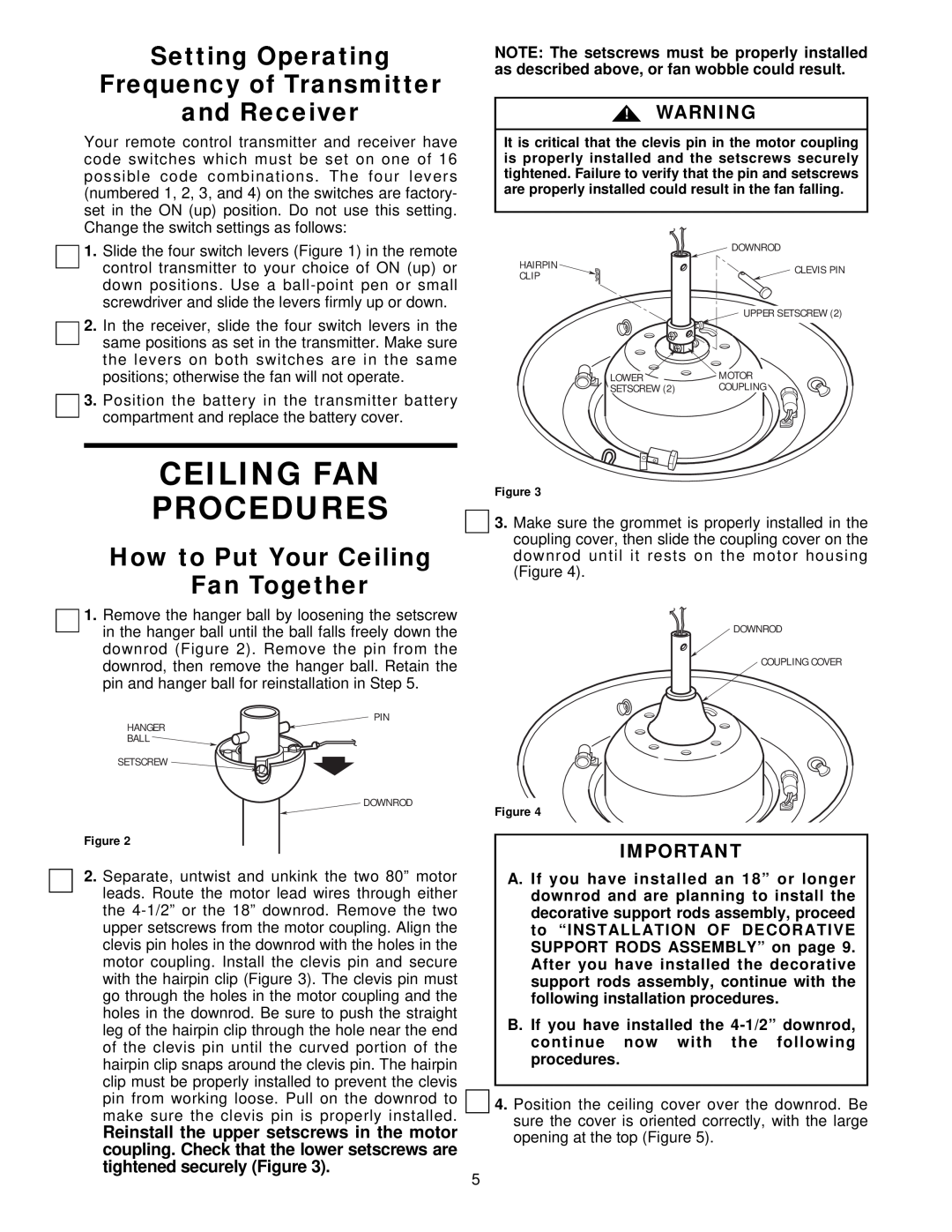 Emerson CF945PW, CF945WB, CF945HTW, CF945AB Ceiling Fan Procedures, Setting Operating Frequency of Transmitter, and Receiver 