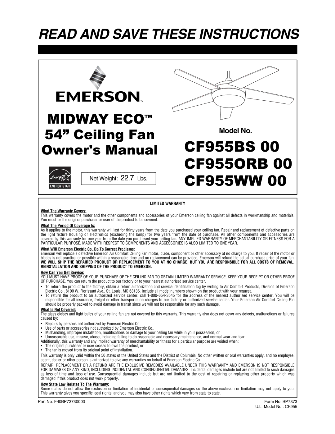 Emerson CF955BS 00, CF955WW 00, CF955ORB 00 owner manual 