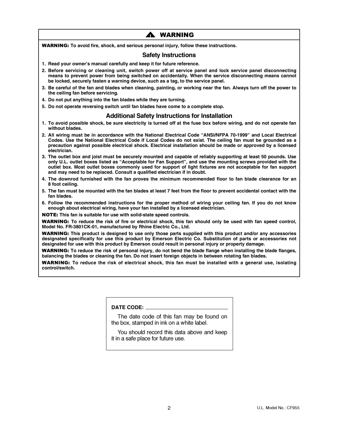 Emerson CF955ORB 00, CF955WW 00, CF955BS 00 owner manual Safety Instructions 