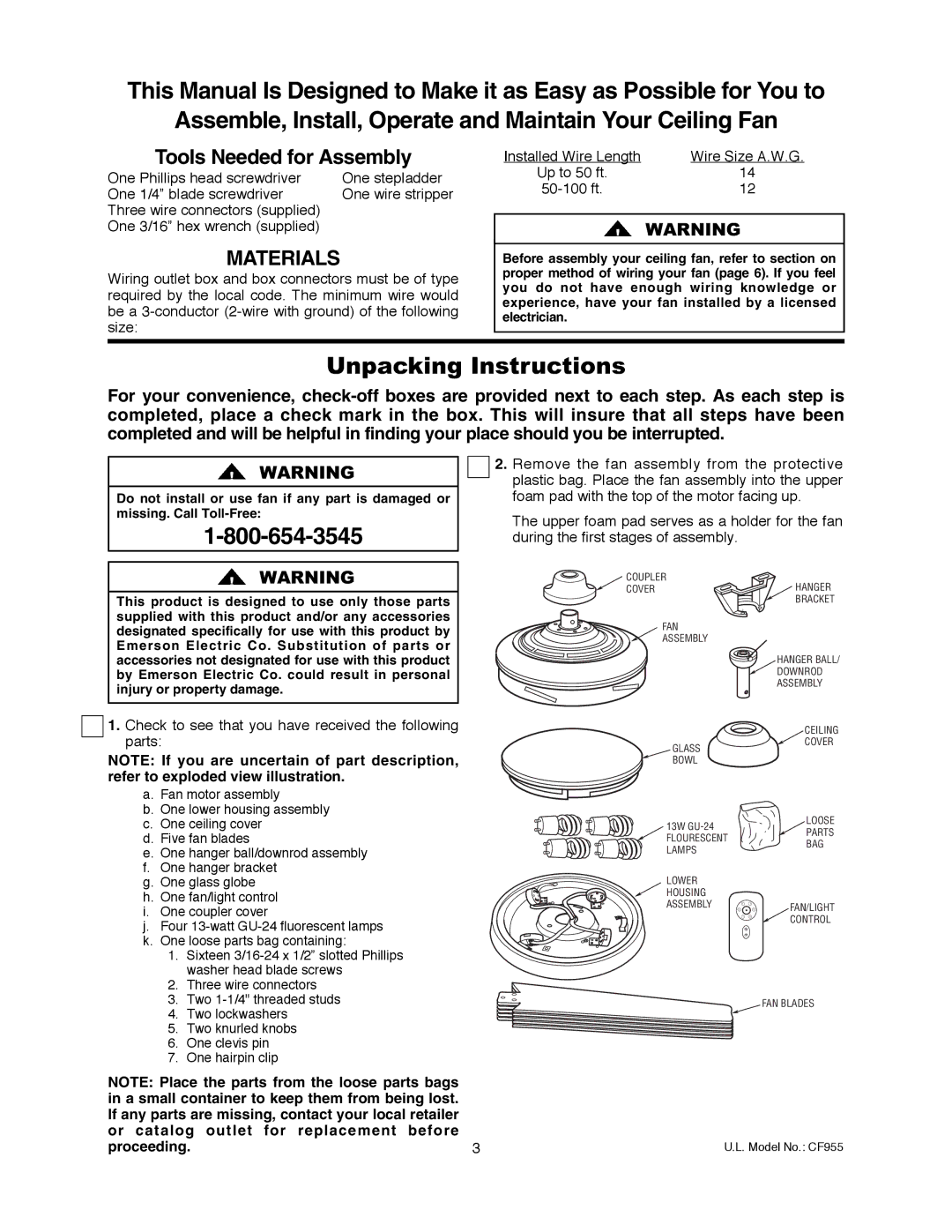 Emerson CF955WW 00 Unpacking Instructions, Three wire connectors supplied One 3/16 hex wrench supplied, Proceeding 