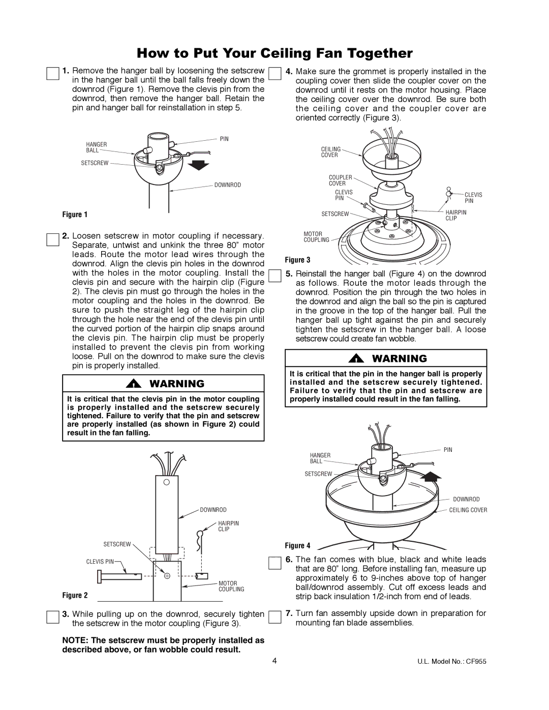 Emerson CF955BS 00, CF955WW 00, CF955ORB 00 owner manual How to Put Your Ceiling Fan Together 