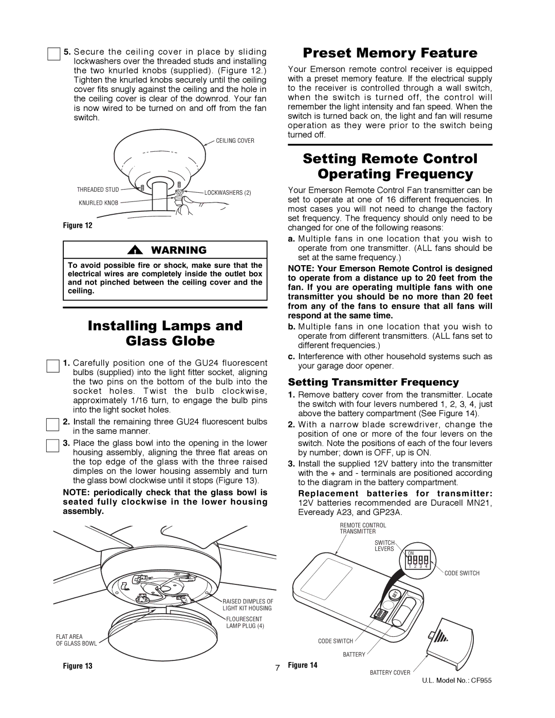 Emerson CF955BS 00 Preset Memory Feature, Setting Remote Control Operating Frequency, Installing Lamps Glass Globe 