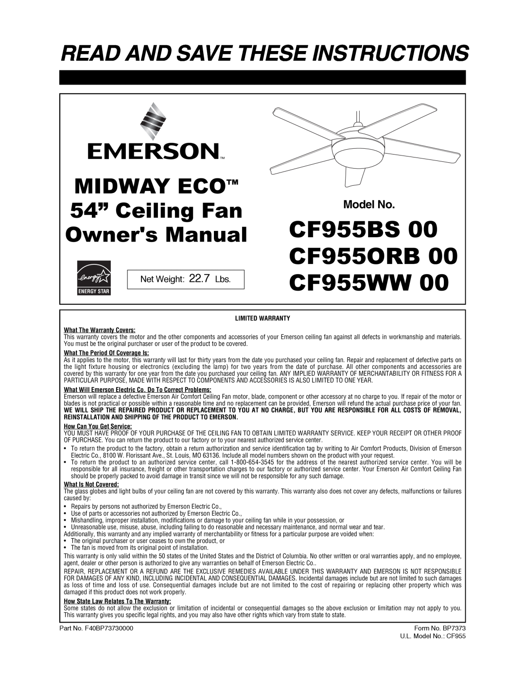 Emerson CF955BS 00 owner manual CF955ORB, CF955WW, Read And Save These Instructions, Midway Eco, 54” Ceiling Fan, Model No 