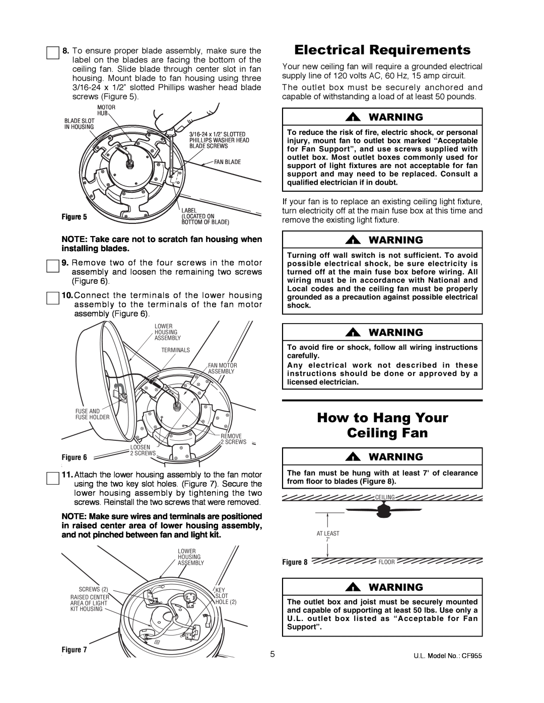Emerson CF955ORB 00, CF955WW 00, CF955BS 00 owner manual Electrical Requirements, How to Hang Your Ceiling Fan 