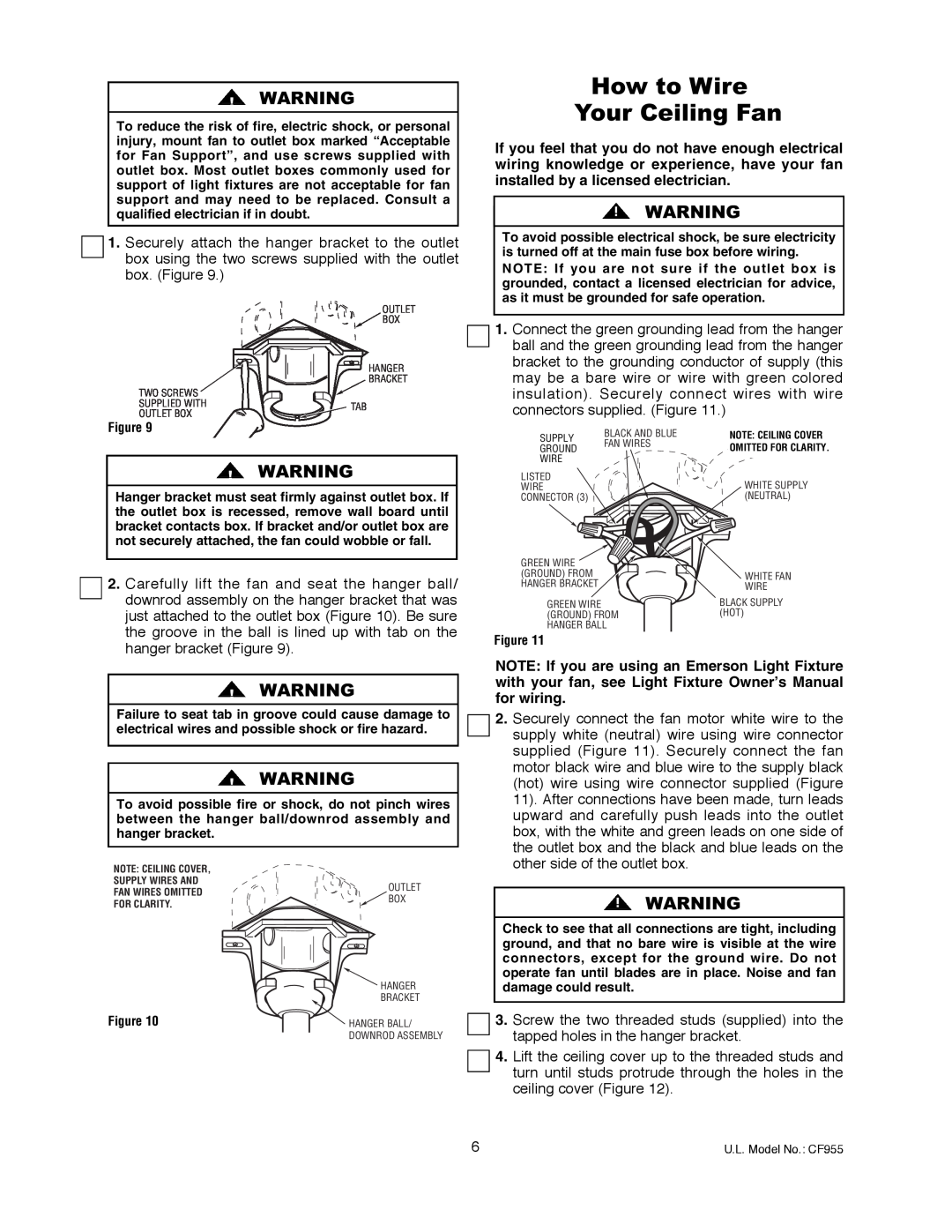 Emerson CF955WW 00, CF955BS 00, CF955ORB 00 owner manual How to Wire Your Ceiling Fan 