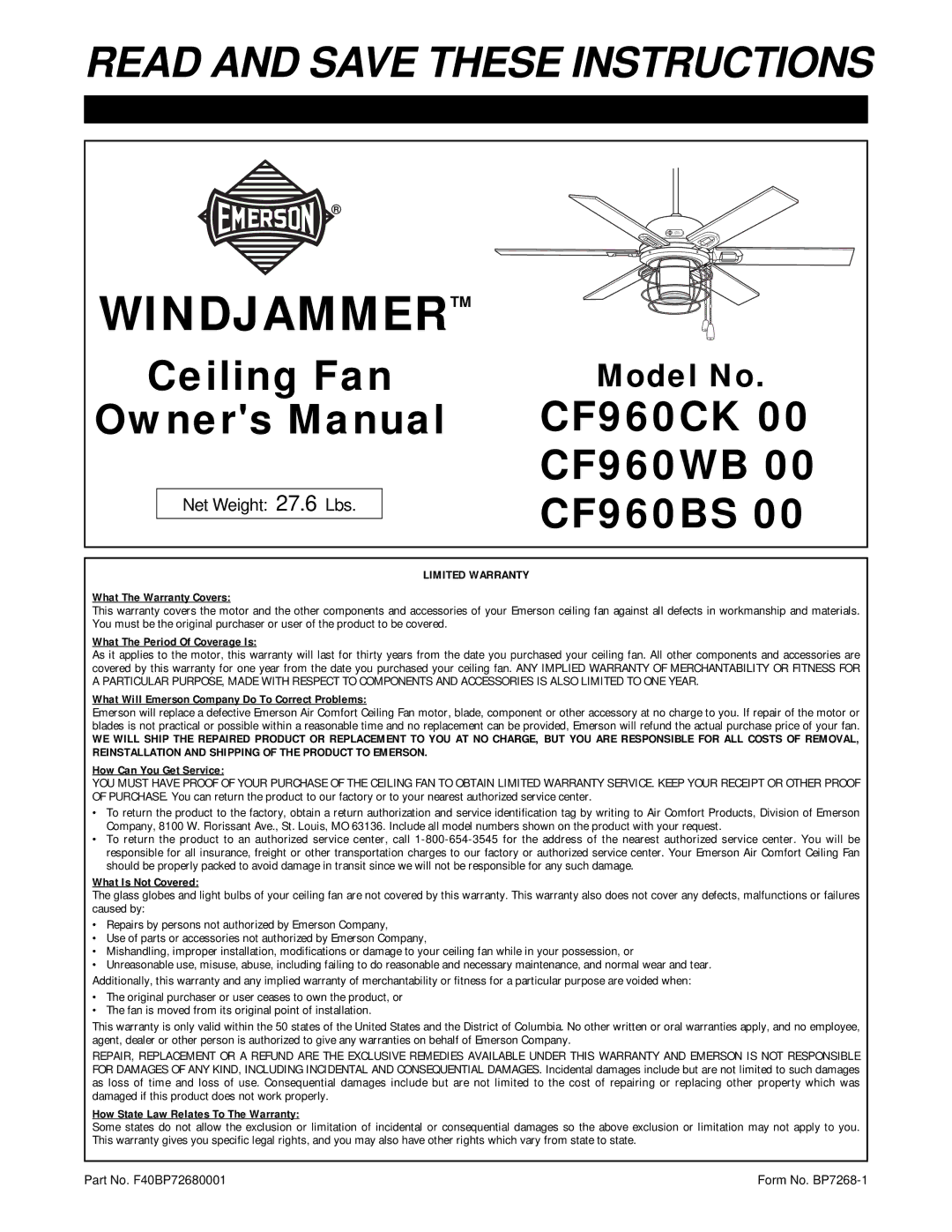 Emerson CF960WB 00, CF960CK 00, CF960BS 00 owner manual Windjammer 