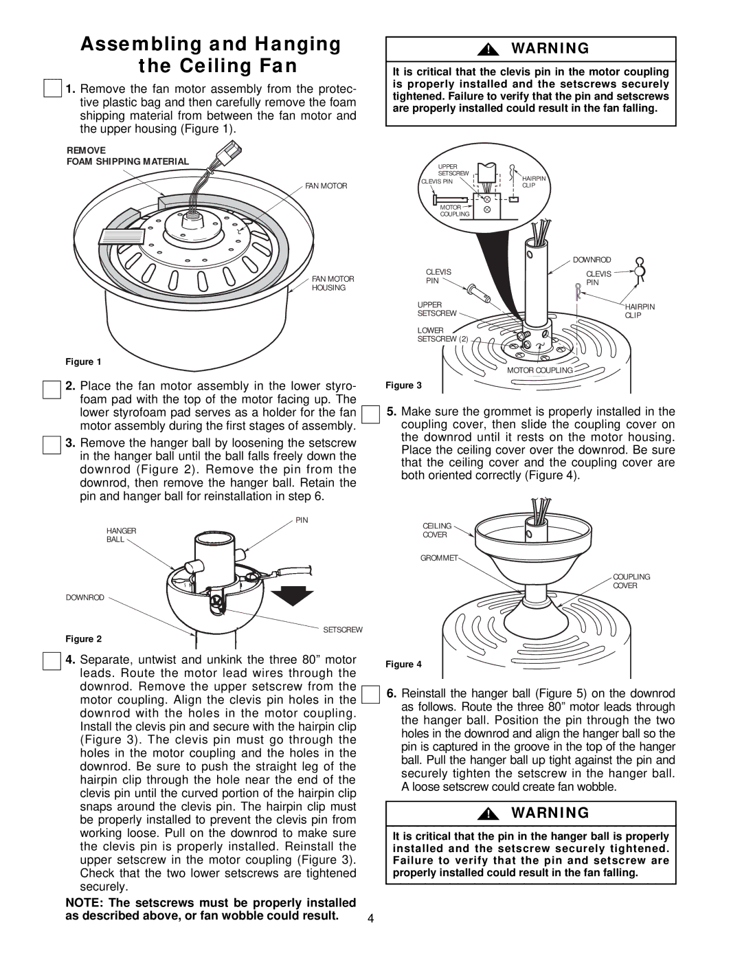 Emerson CF960WB 00, CF960CK 00 Assembling and Hanging Ceiling Fan, As described above, or fan wobble could result 