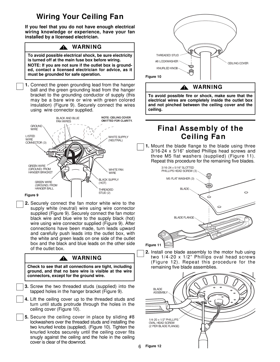 Emerson CF960CK 00, CF960WB 00, CF960BS 00 owner manual Wiring Your Ceiling Fan, Final Assembly Ceiling Fan 