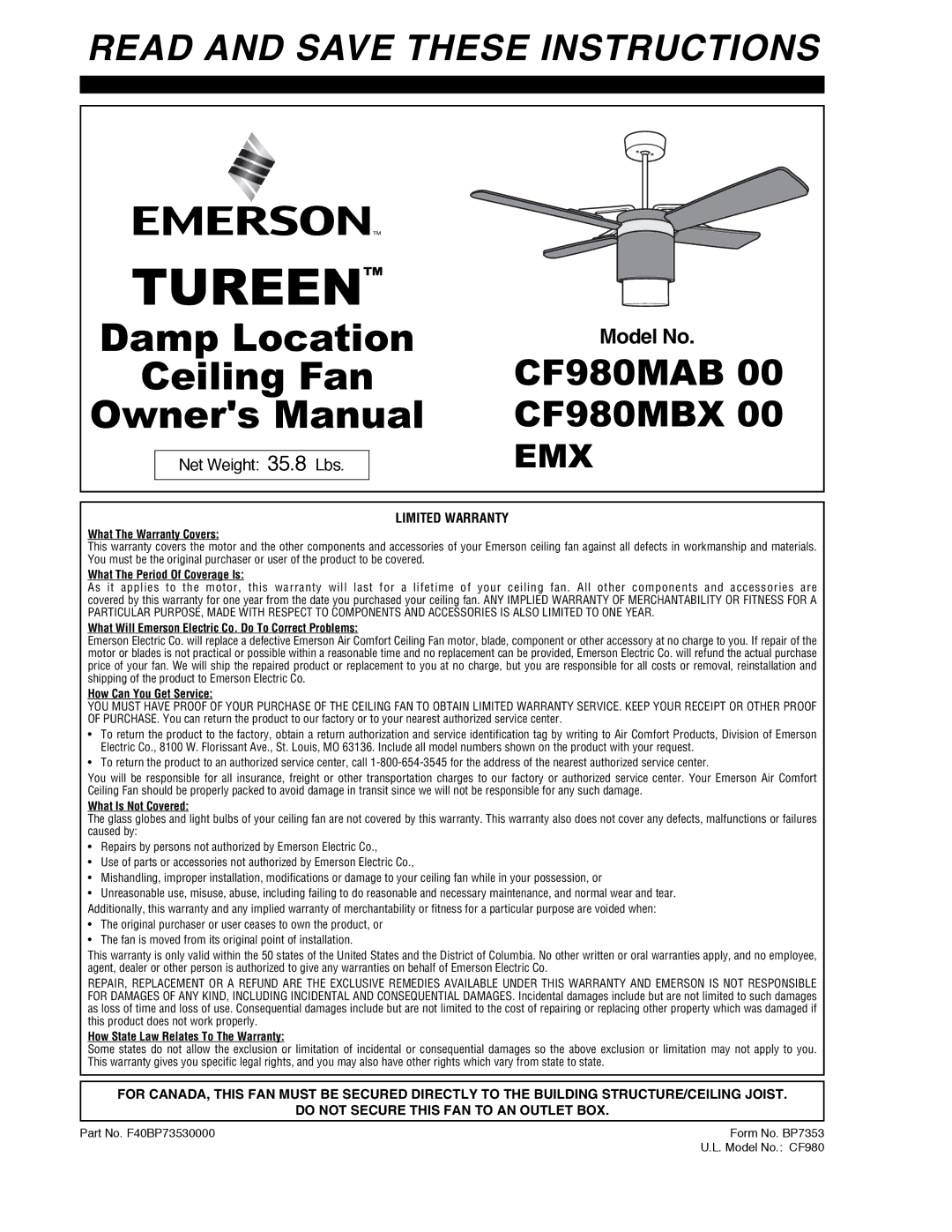 Emerson CF980MBX 00, CF980MAB 00 warranty Tureen 