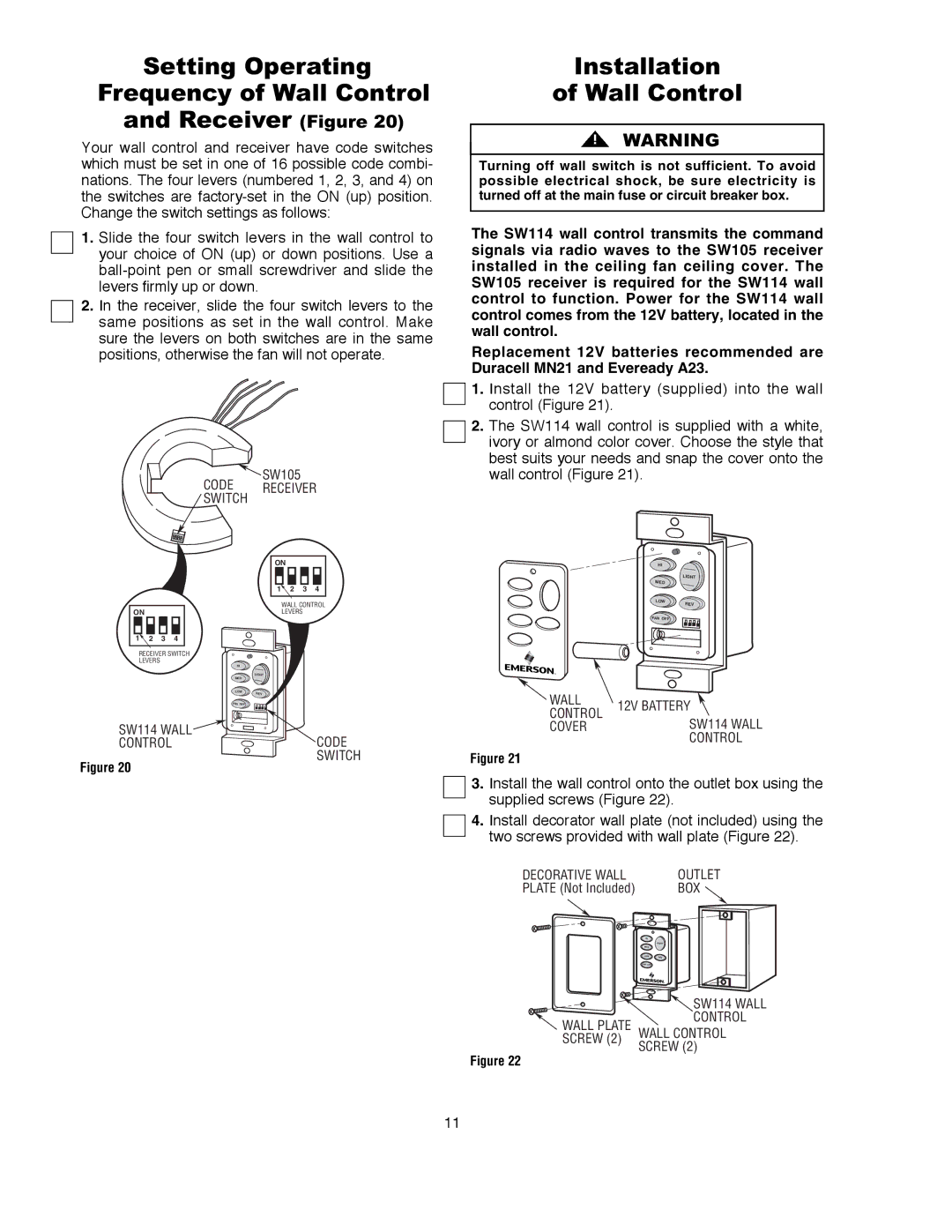 Emerson CF980MBX 00, CF980MAB 00 Setting Operating Frequency of Wall Control Receiver Figure, Installation Wall Control 