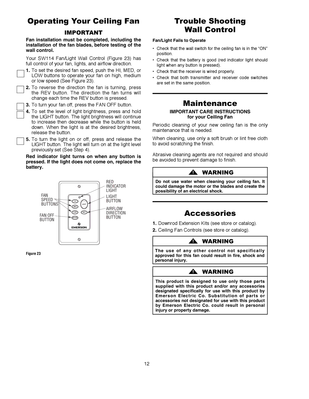 Emerson CF980MAB 00, CF980MBX 00 Operating Your Ceiling Fan, Trouble Shooting Wall Control, Maintenance, Accessories 