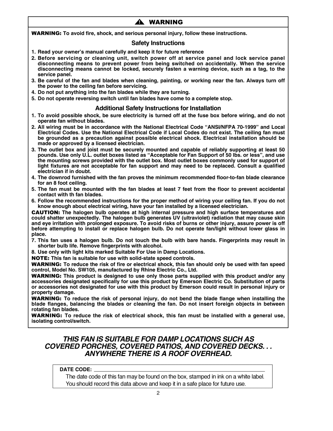 Emerson CF980MAB 00, CF980MBX 00 warranty Safety Instructions 