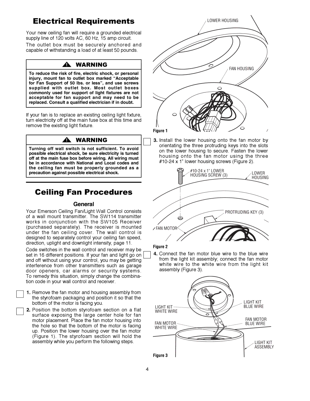 Emerson CF980MAB 00, CF980MBX 00 warranty Electrical Requirements, Ceiling Fan Procedures 