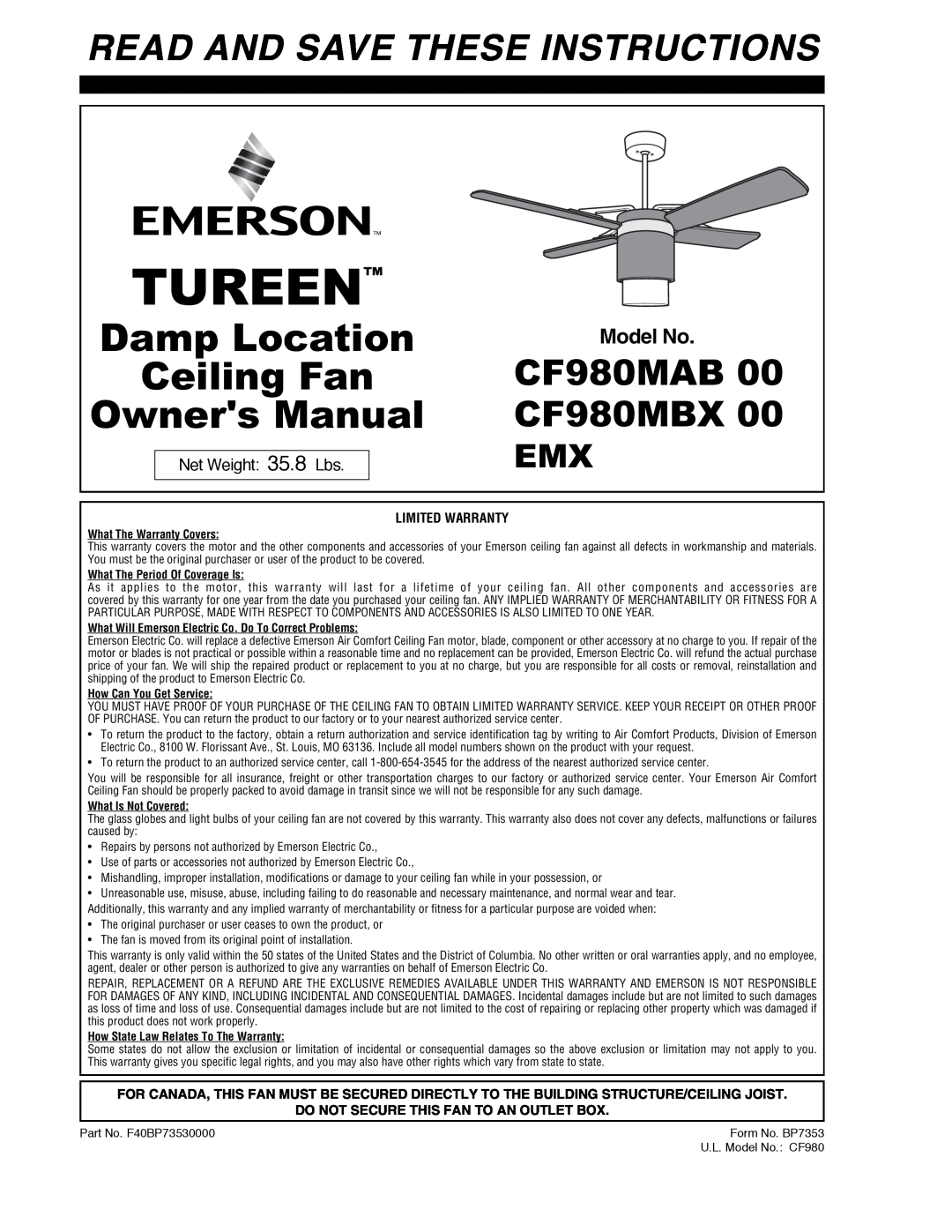 Emerson CF980MBX 00 warranty Tureen, Damp Location, Ceiling Fan, Read And Save These Instructions, CF980MAB, Model No 