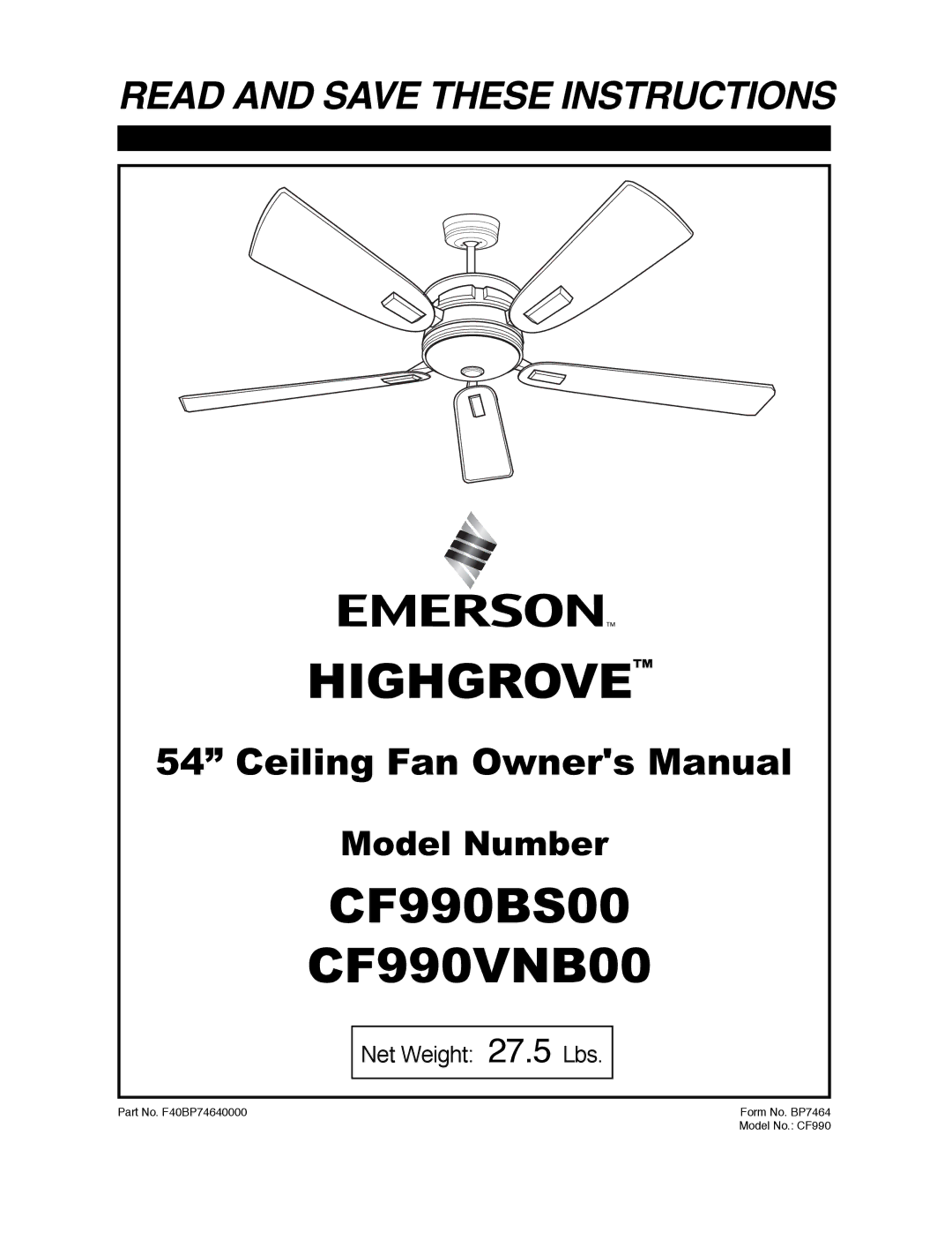 Emerson CF990VNB00, CF990BS00 owner manual Highgrove 