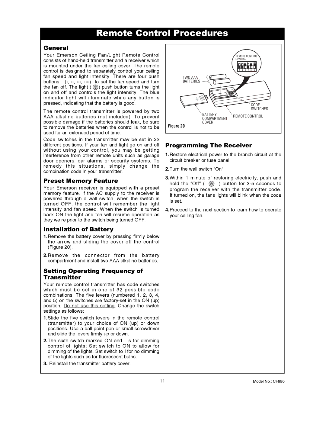 Emerson CF990VNB00, CF990BS00 owner manual Remote Control Procedures, General 