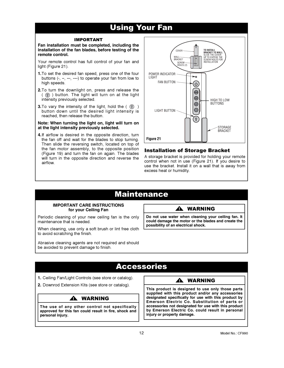 Emerson CF990BS00, CF990VNB00 owner manual Using Your Fan, Maintenance, Accessories 