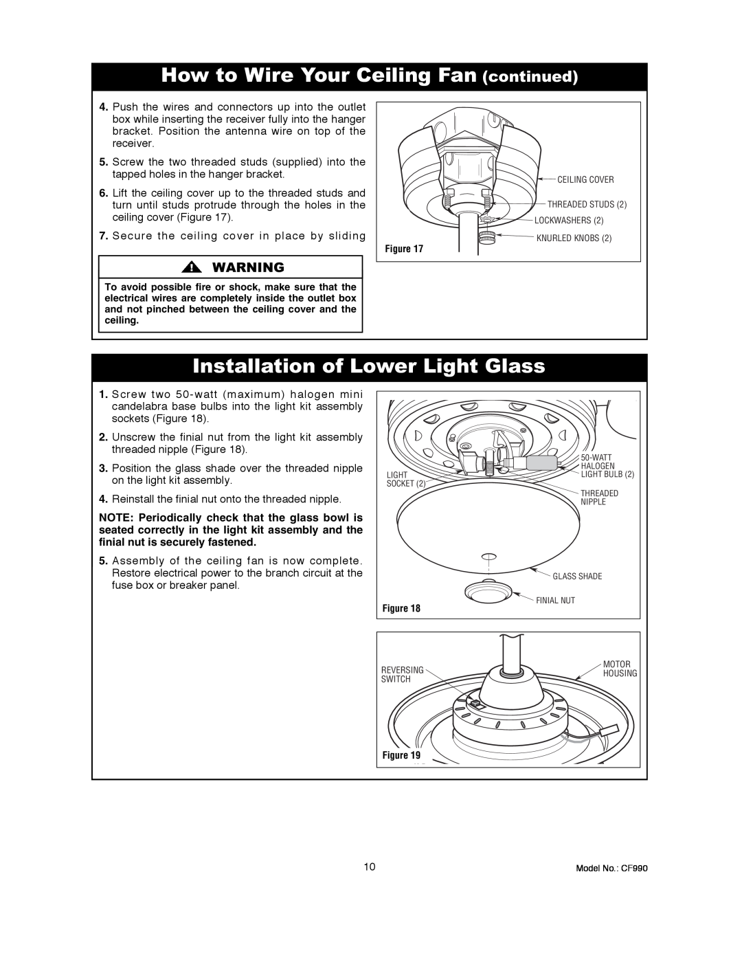 Emerson CF990BS00, CF990VNB00 owner manual How to Wire Your Ceiling Fan continued, Installation of Lower Light Glass 