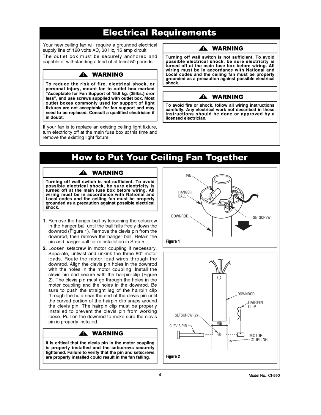 Emerson CF990BS00, CF990VNB00 owner manual Electrical Requirements, How to Put Your Ceiling Fan Together 