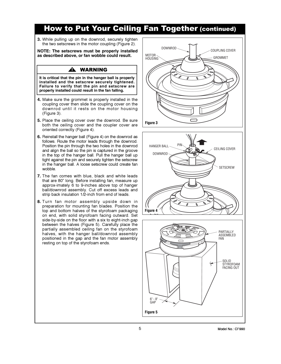 Emerson CF990VNB00, CF990BS00 owner manual How to Put Your Ceiling Fan Together continued 