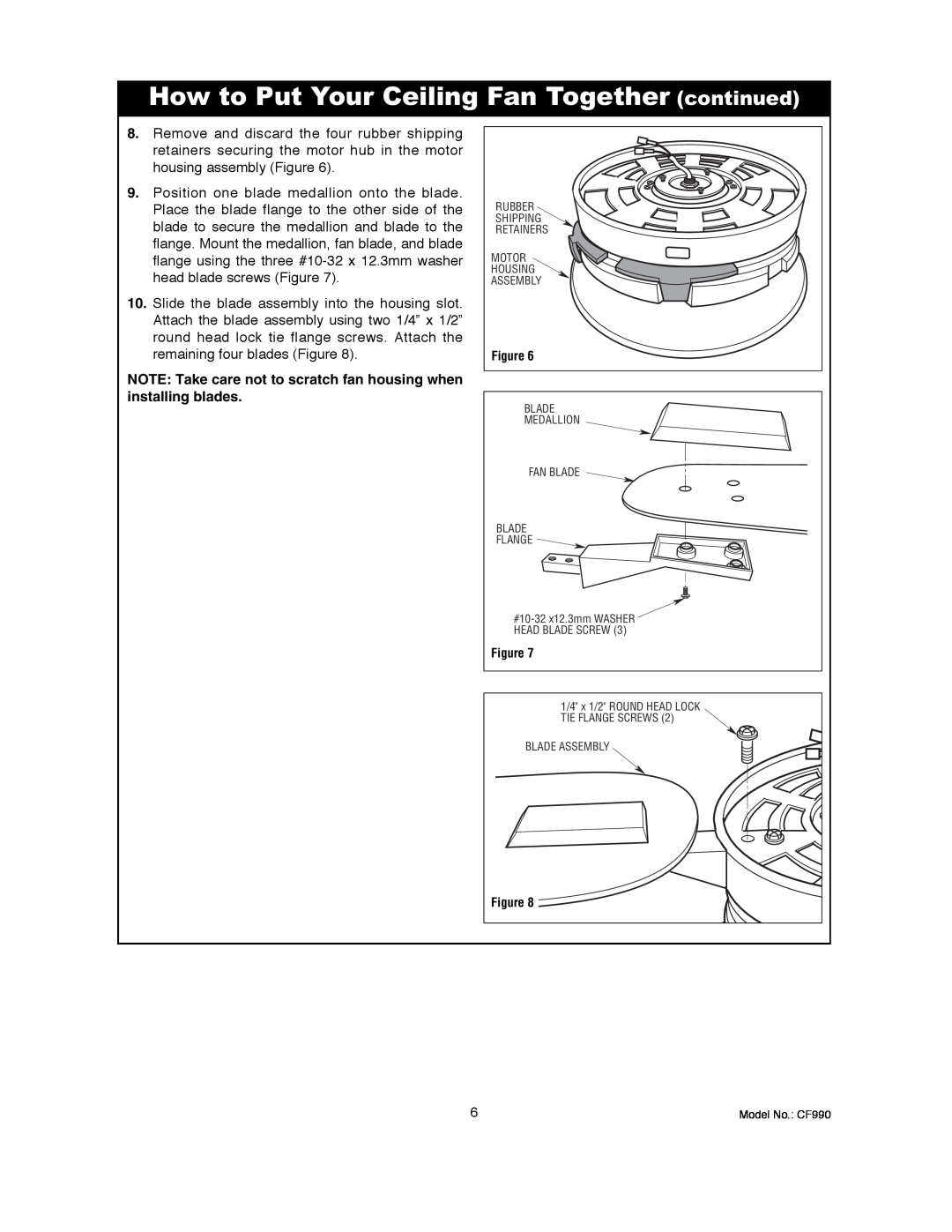 Emerson CF990BS00, CF990VNB00 owner manual How to Put Your Ceiling Fan Together continued 