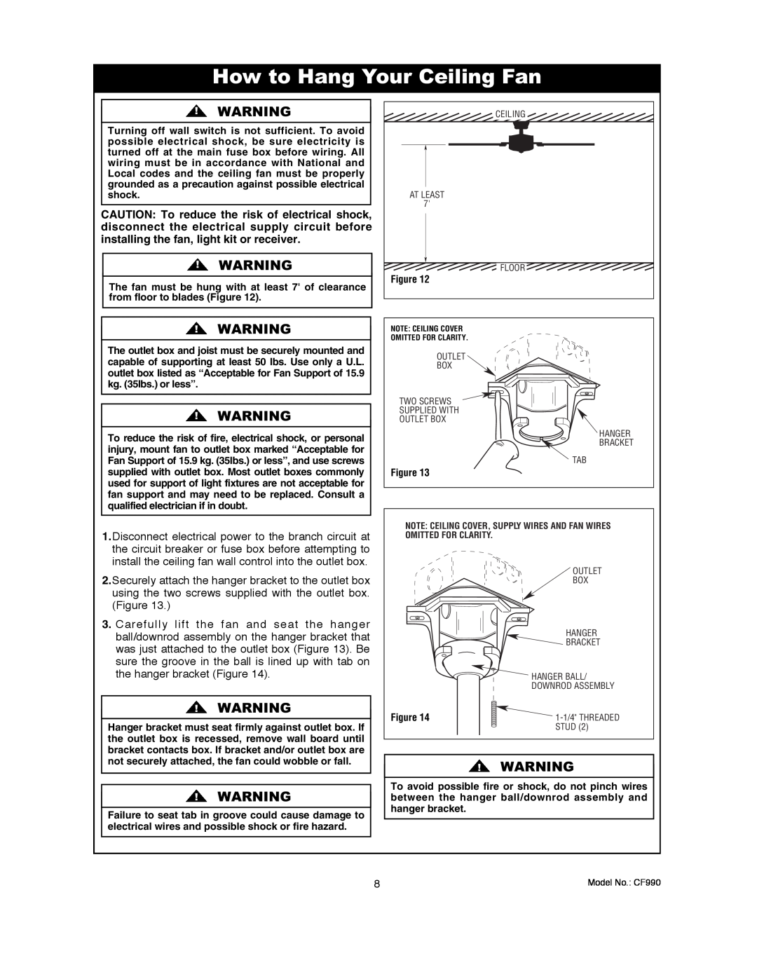 Emerson CF990BS00, CF990VNB00 owner manual How to Hang Your Ceiling Fan 