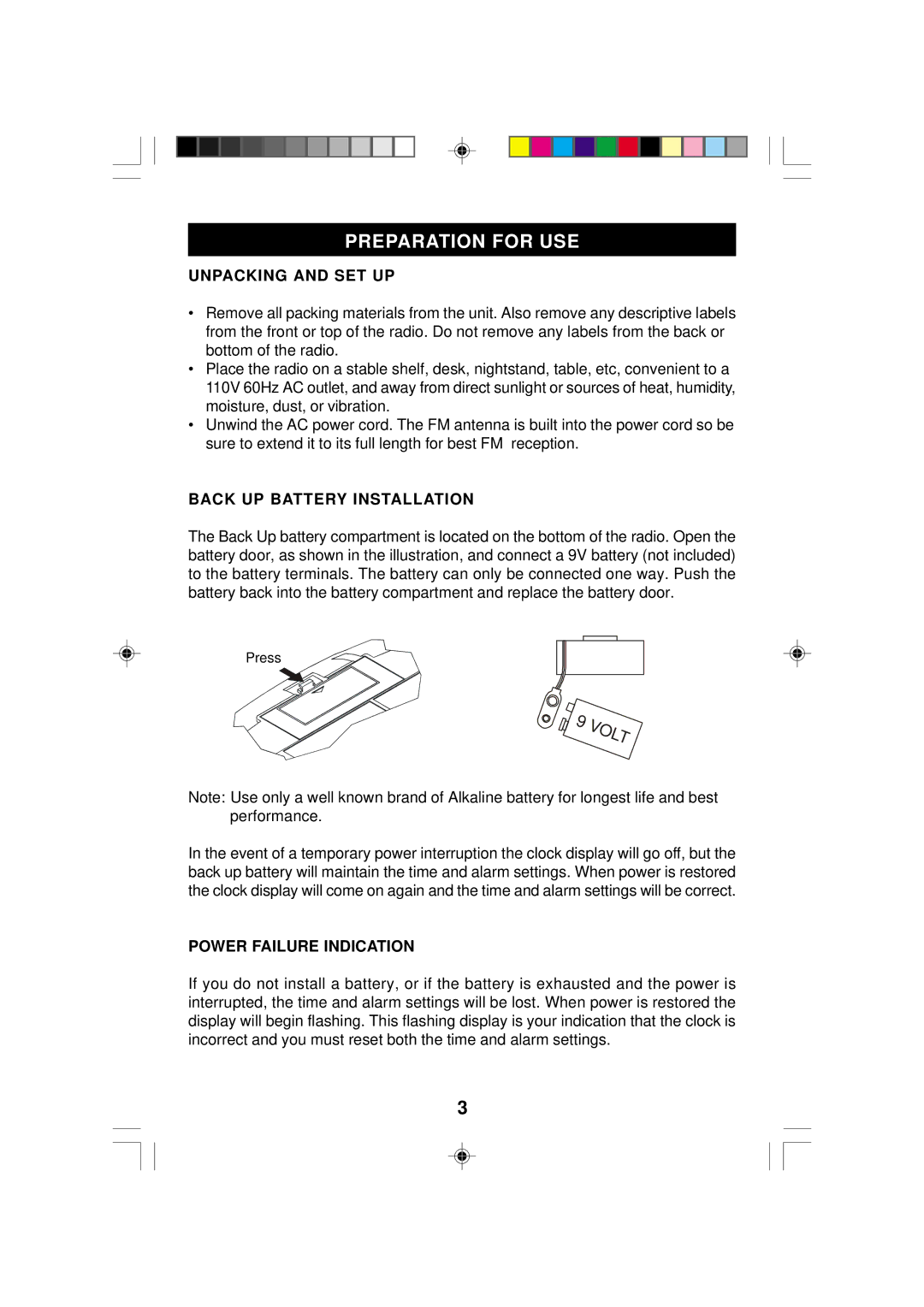 Emerson CK5028 manual Preparation for USE, Unpacking and SET UP, Back UP Battery Installation, Power Failure Indication 