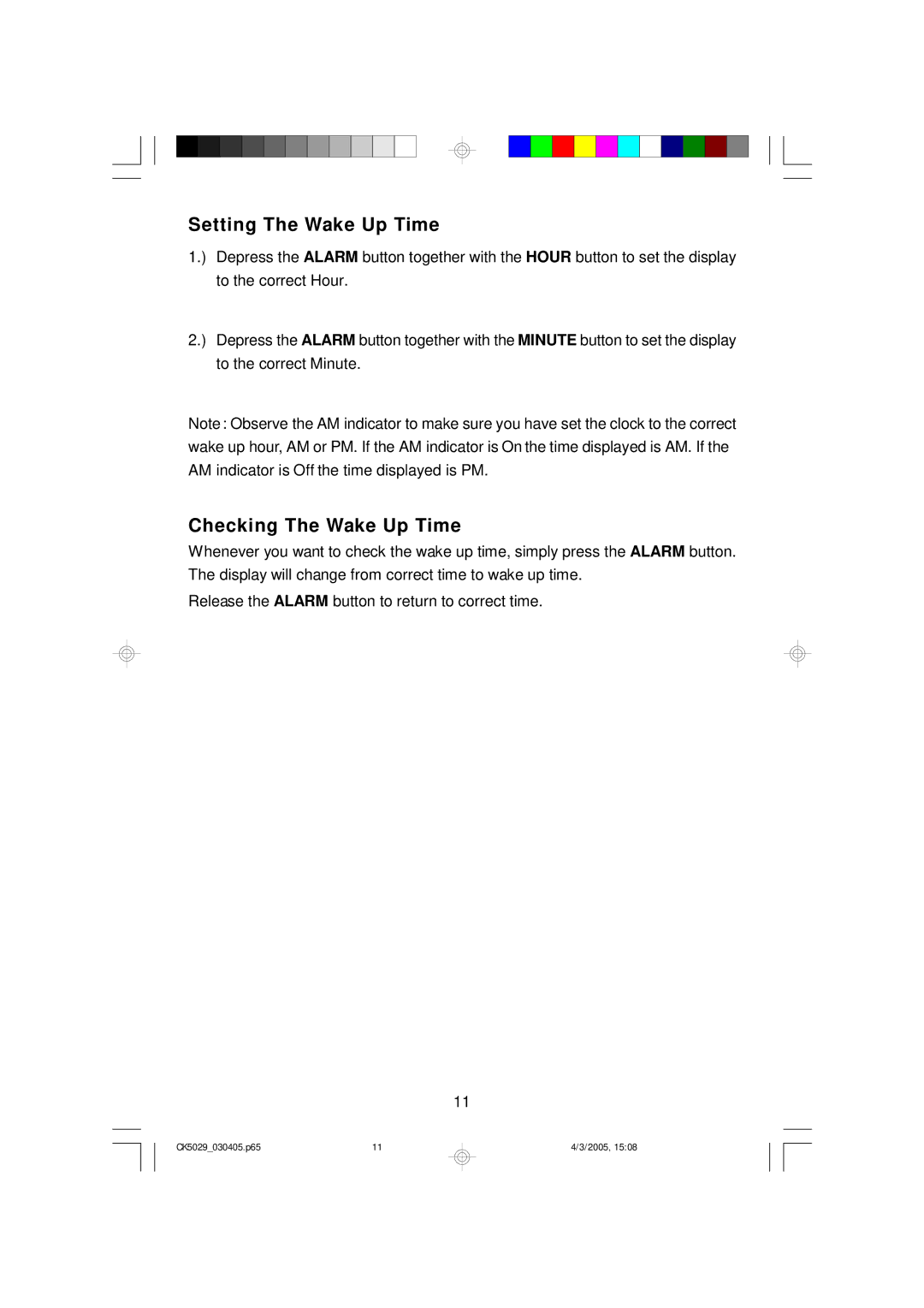 Emerson CK5029 owner manual Setting The Wake Up Time, Checking The Wake Up Time 