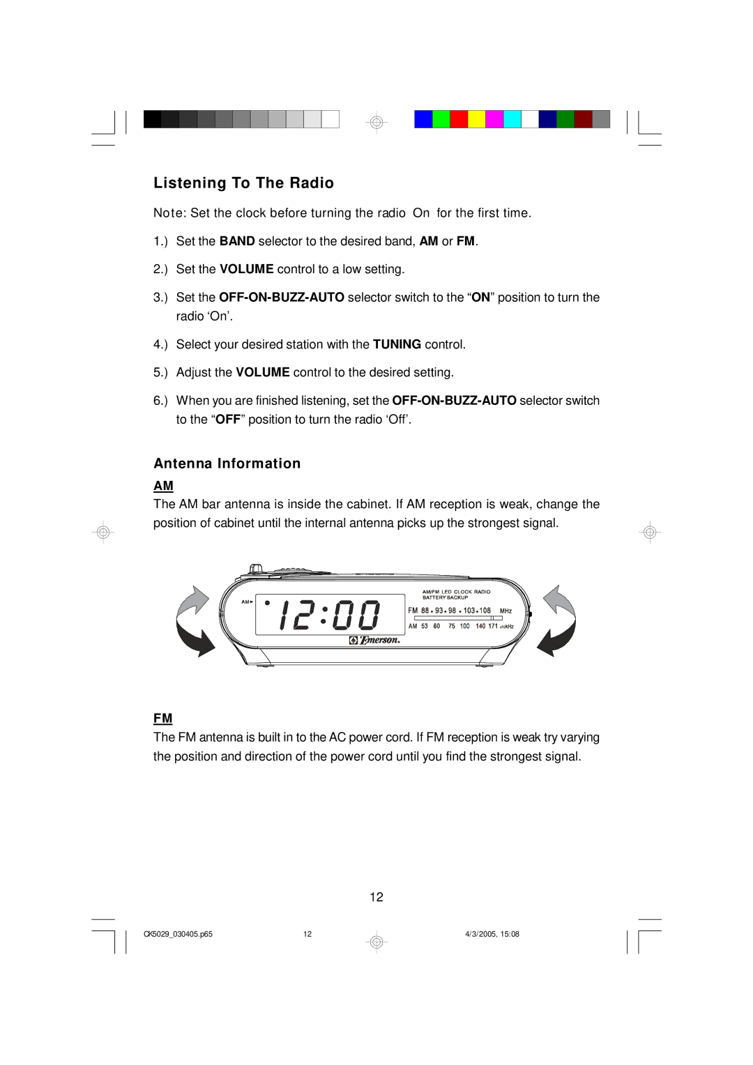 Emerson CK5029 owner manual Listening To The Radio, Antenna Information 