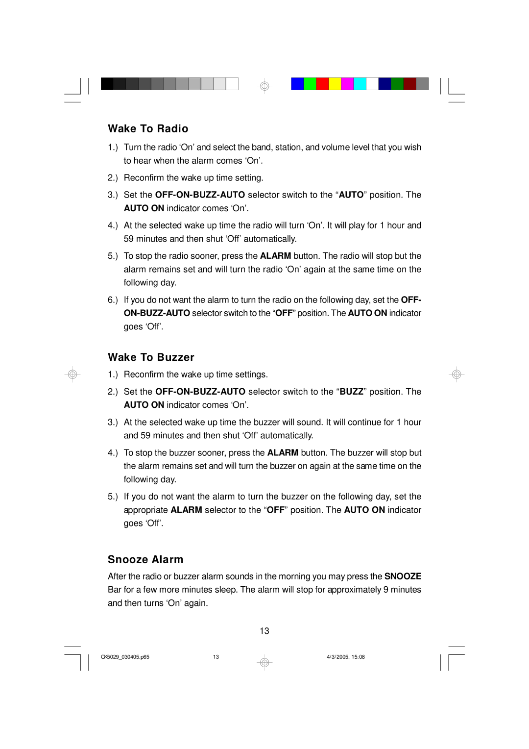 Emerson CK5029 owner manual Wake To Radio, Wake To Buzzer, Snooze Alarm 