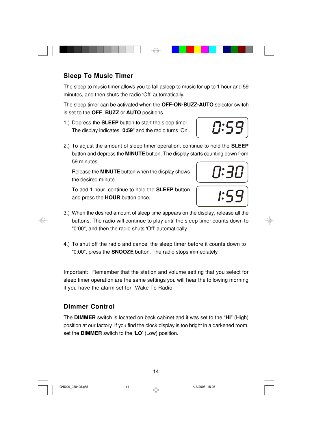 Emerson CK5029 owner manual Sleep To Music Timer, Dimmer Control 