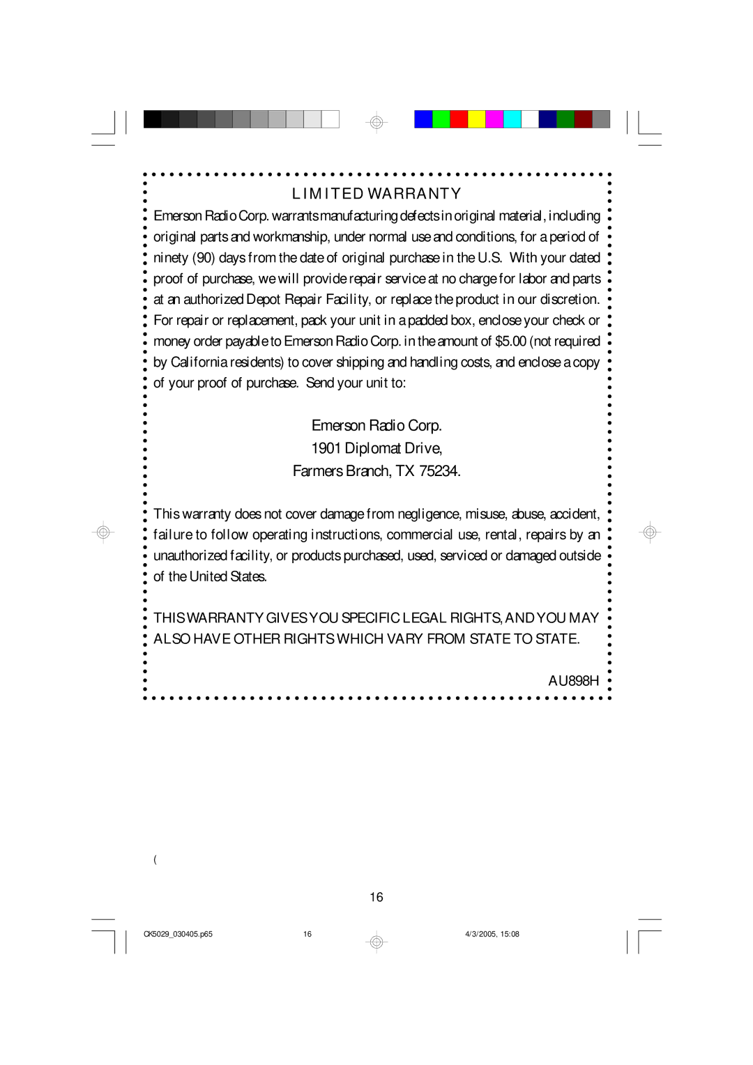 Emerson CK5029 owner manual Limited Warranty 