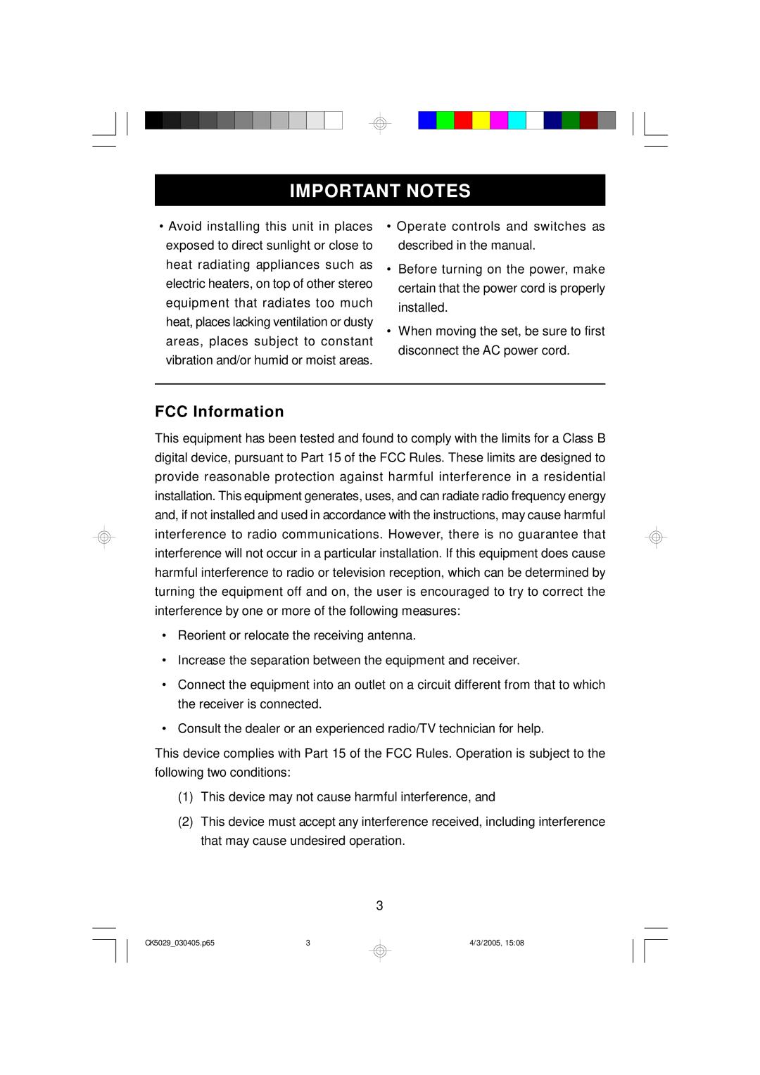 Emerson CK5029 owner manual Important Notes, FCC Information 